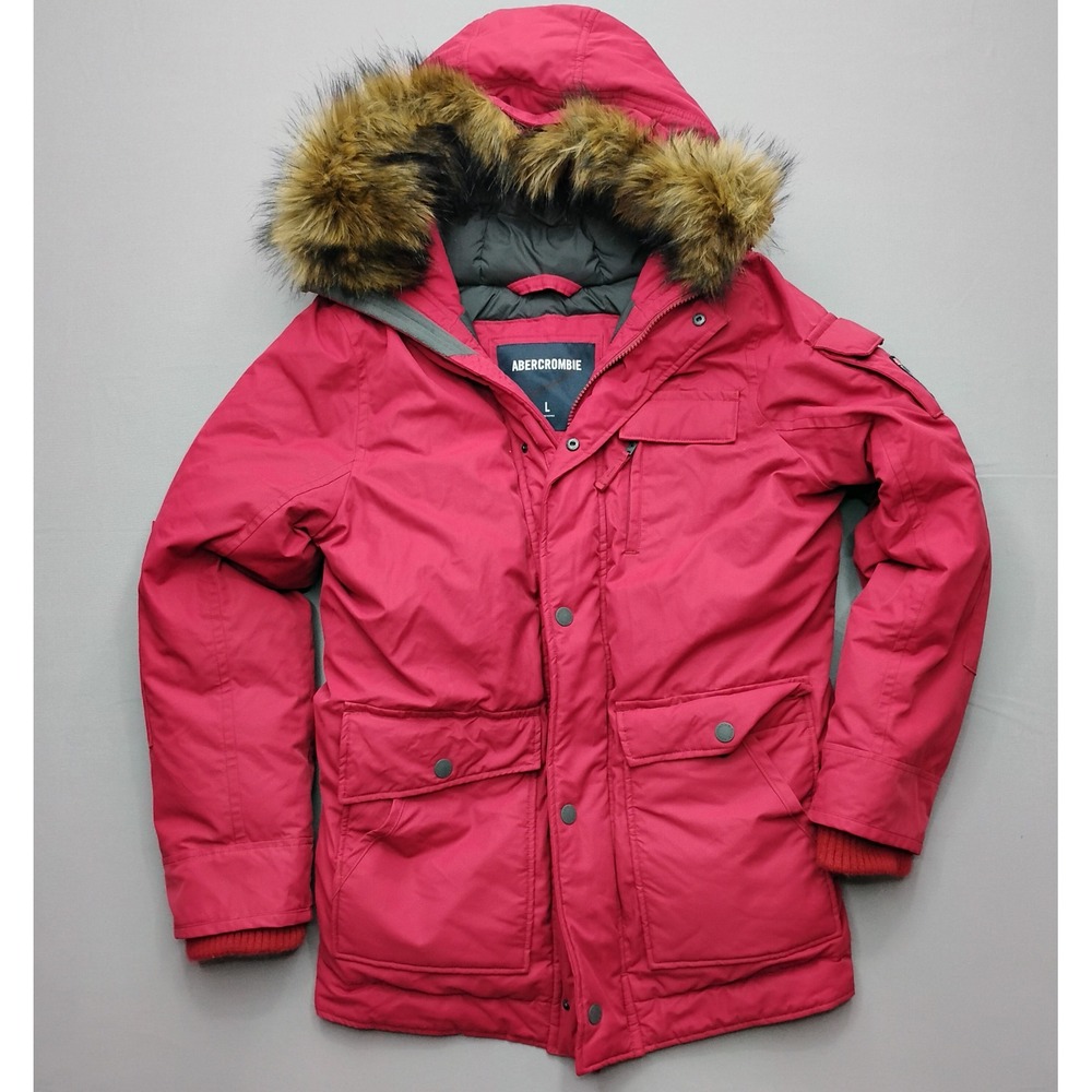 Abercrombie Arctic Down Series Parka Jacket Red Faux Fur Hood Large